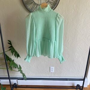 Miami Mint Long Sleeve Blouse with Runched Sleeves